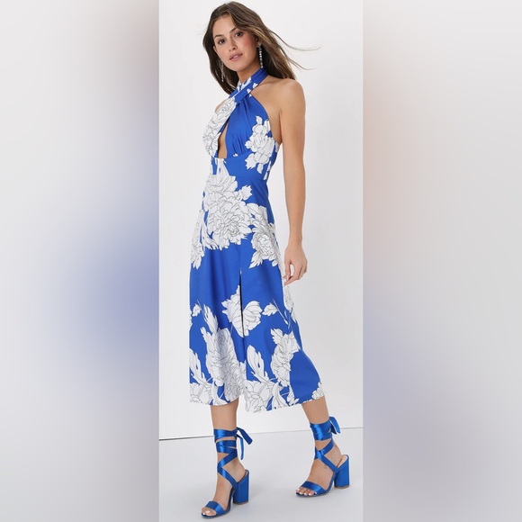 NWT Lulus Impressive Icon Blue Floral Halter Midi Dress - Picture 5 of 12